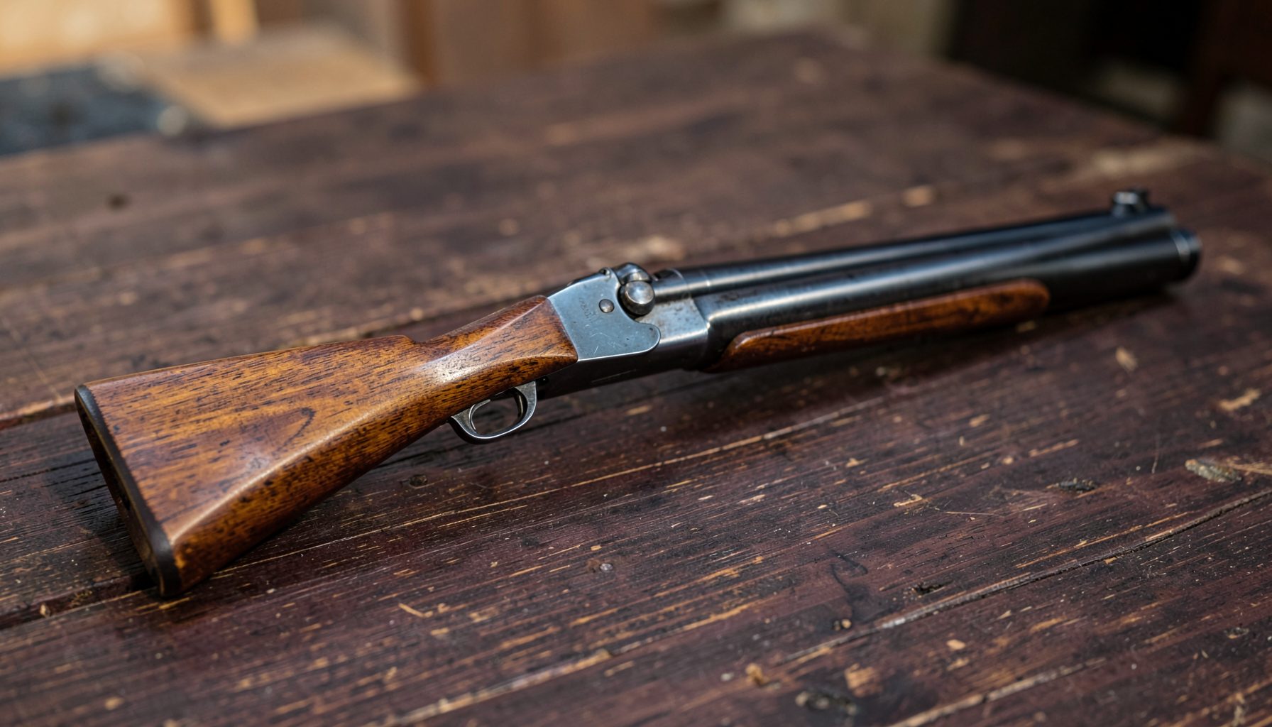 A polished over-under shotgun with rich walnut stock and blued steel barrels, resting on a dark wooden surface in warm natural light