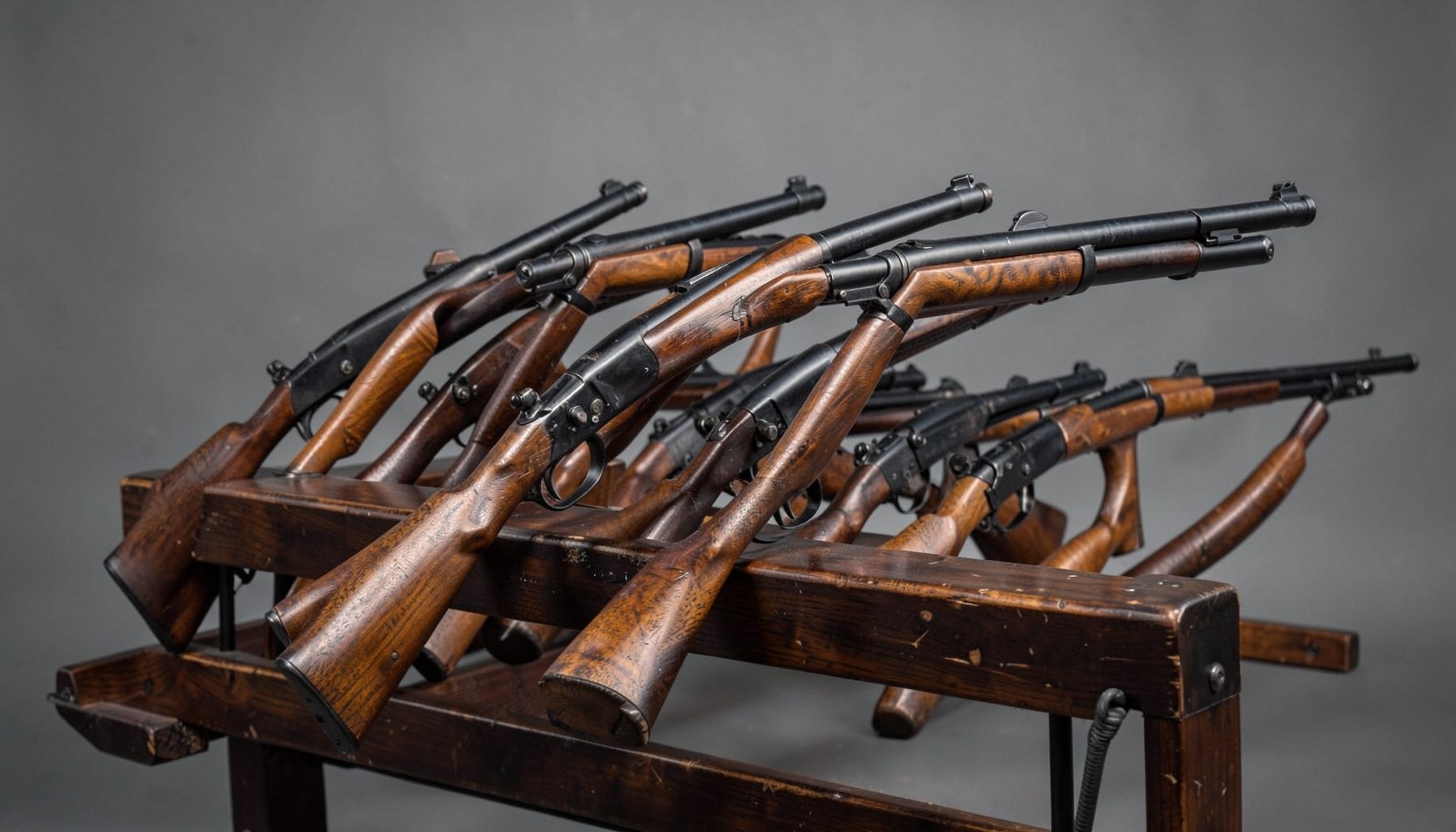 A row of bolt-action Browning rifles with walnut stocks and blued barrels, arranged on a dark wooden display rack against a muted gray background
